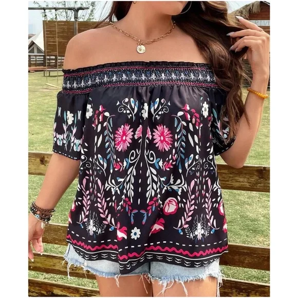 Plus Floral Print Off Shoulder Cottagecore Blouse - Picture 10 of 11